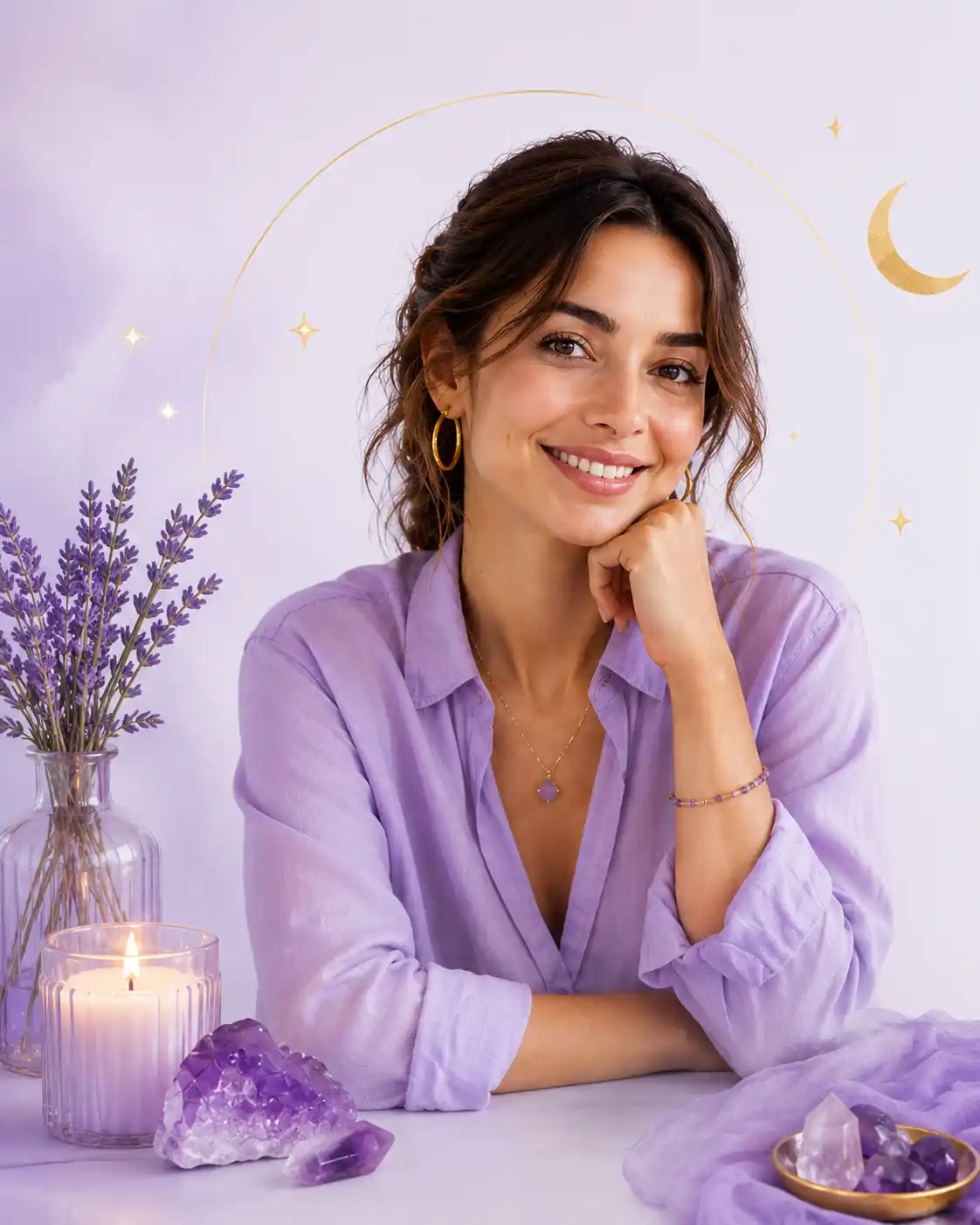 Femme souriante dans un univers doux aux tons lavande, illustrant une écoute privée et bienveillante.