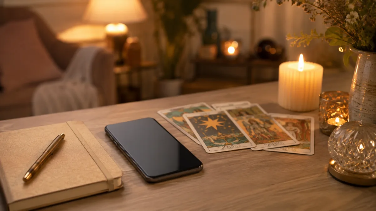 Ambiance douce avec téléphone, cartes et bougies pour illustrer une consultation de voyance par téléphone