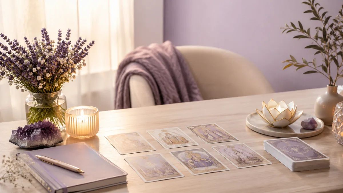 Cartes de tarot et ambiance douce pour illustrer les différences entre voyant, médium et tarologue
